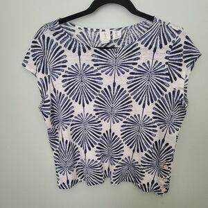 Joie Women Linen Large Cropped Top Cap Sleeves‎ Tropical Lightweight Blue White